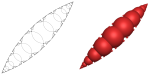 The limit set (left) and convex hull (right) for a Kleinian group obtained by bending a Fuchsian group.  (Produced with lim and POV-Ray.)