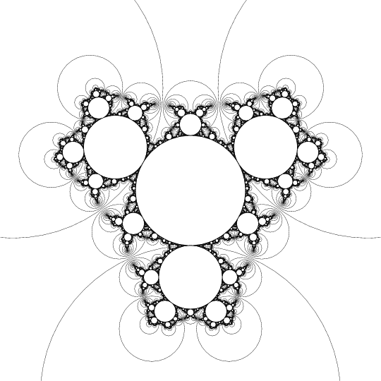 Horocycle orbit for a Kleinian group produced by a cuspidal connected sum (or "plumbing") construction, drawn in inverted coordinate system.  (Produced with lim.)