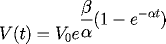 \[  V(t)=V_0 e^{\displaystyle \frac{\beta}{\alpha} 
(1-e^{-\alpha t})} \] 