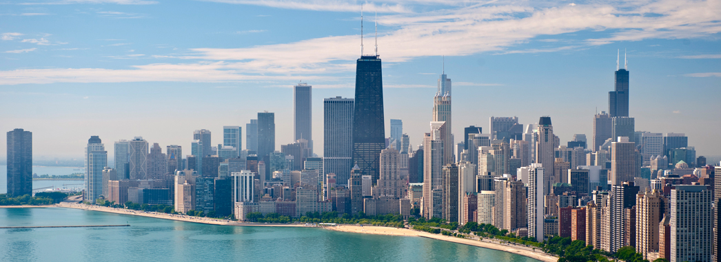 Photo of the Chicago skyline, as viewed from North Avenue beach.
