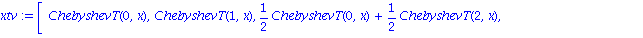 xtv := vector([ChebyshevT(0, x), ChebyshevT(1, x), 1/2*ChebyshevT(0, x)+1/2*ChebyshevT(2, x), 3/4*ChebyshevT(1, x)+1/4*ChebyshevT(3, x), 3/8*ChebyshevT(0, x)+1/2*ChebyshevT(2, x)+1/8*ChebyshevT(4, x),...