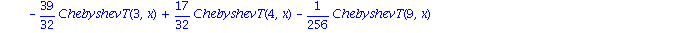 es_slow := ChebyshevT(0, x)^2-437/128*ChebyshevT(ChebyshevT(0, x), x)+187/128*ChebyshevT(0, x)+61/32*ChebyshevT(2, x)-39/32*ChebyshevT(3, x)+17/32*ChebyshevT(4, x)-1/256*ChebyshevT(9, x)