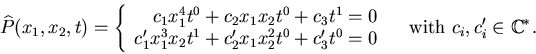 \begin{displaymath}
{\widehat P}(x_1,x_2,t) =
\left\{
\begin{array}{r}
c_1 x...
...end{array} \right.
\quad {\rm with~} c_i,c'_i \in {\Bbb C}^*.
\end{displaymath}