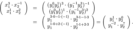 \begin{displaymath}\begin{array}{rcl}
\left(
\begin{array}{c}
x_1^3 \cdot x_2...
..._2^0 \\ y_1^{-2} \cdot y_2^7
\end{array} \right).
\end{array}\end{displaymath}